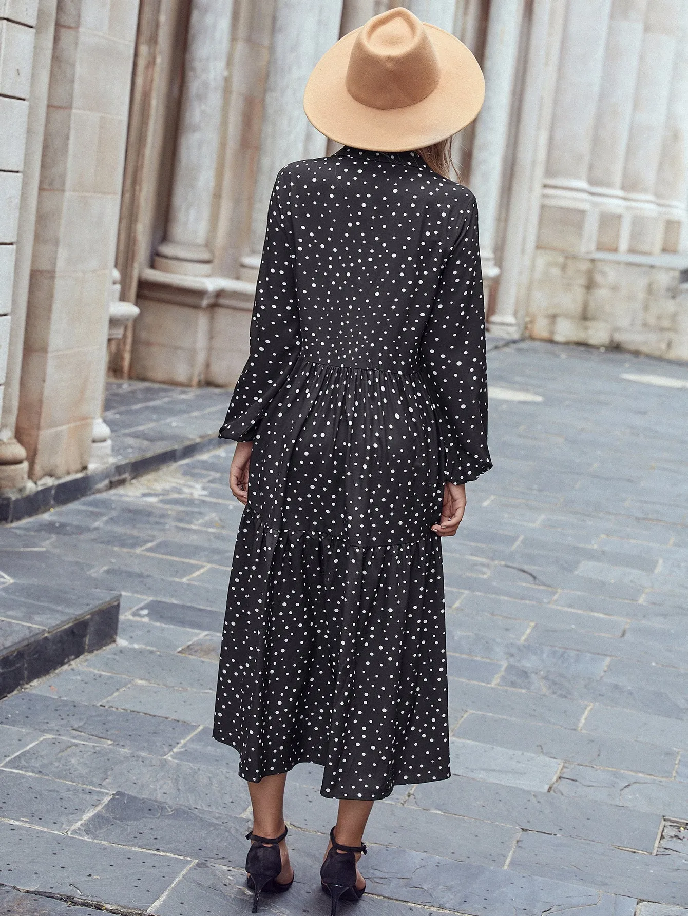 KittenAlarm - Lapel Long Sleeve Polka Dot Black Maxi Dress without Belt