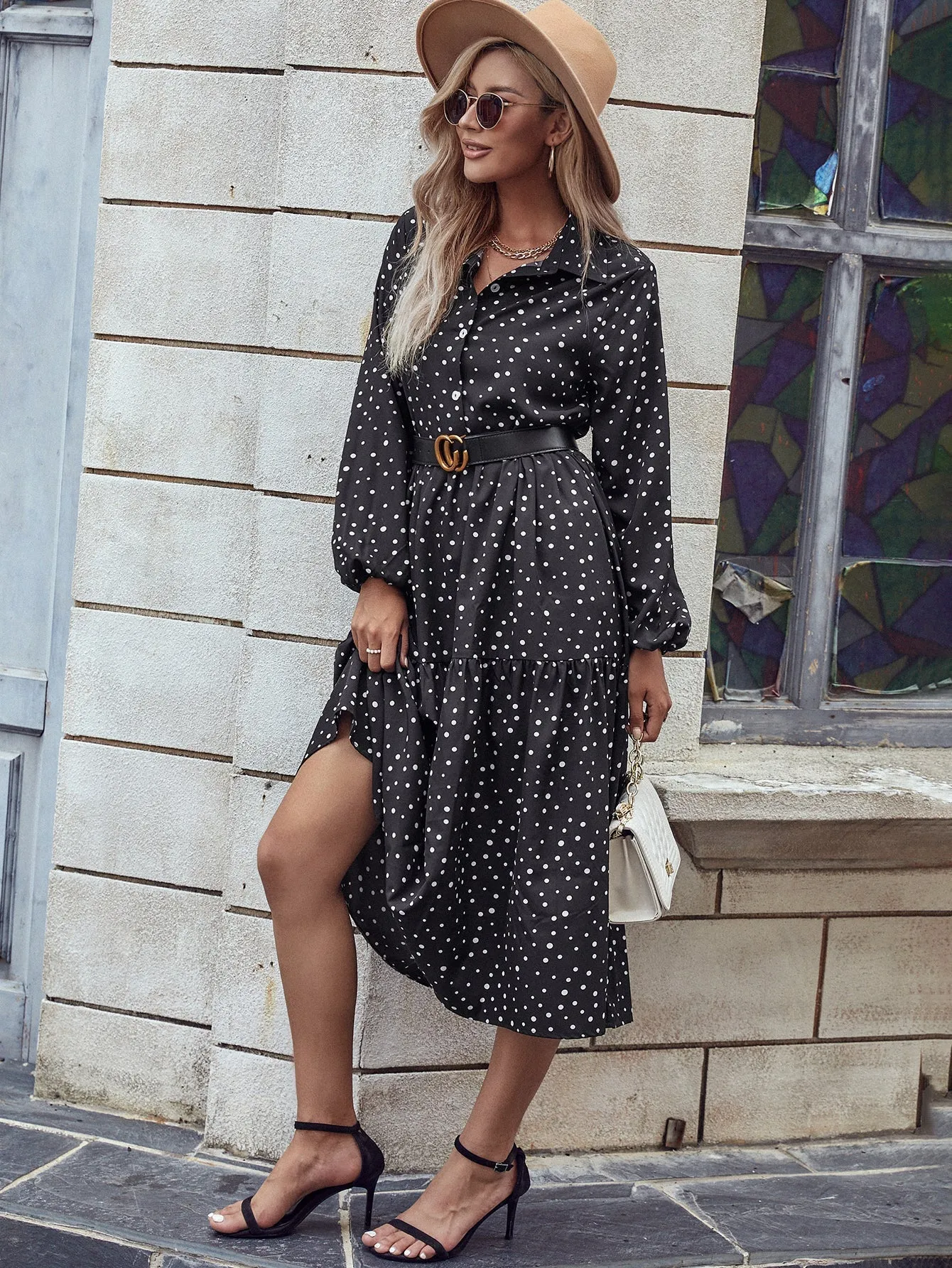 KittenAlarm - Lapel Long Sleeve Polka Dot Black Maxi Dress without Belt