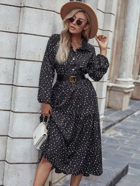 KittenAlarm - Lapel Long Sleeve Polka Dot Black Maxi Dress without Belt