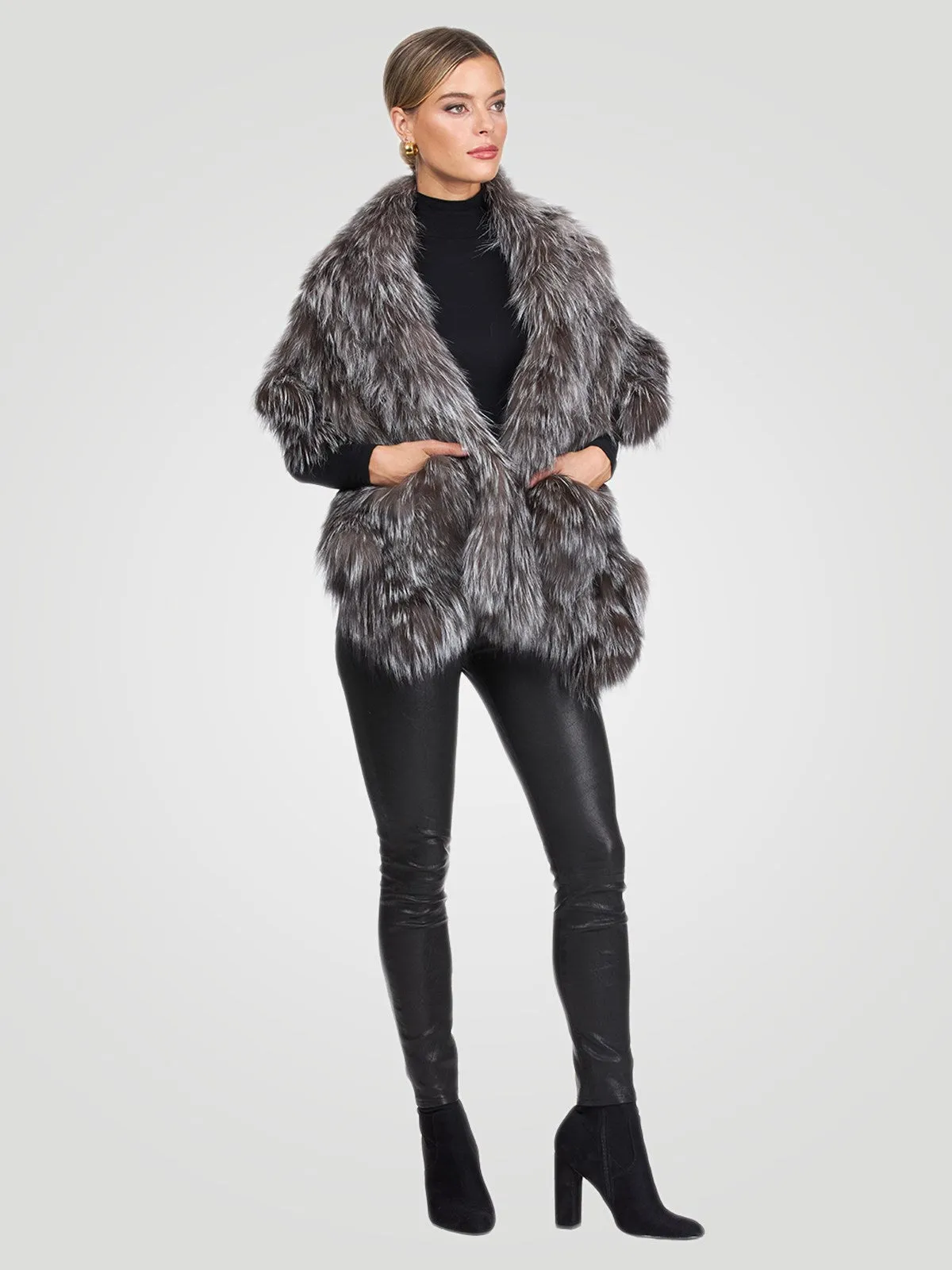 Knit Silver Fox Fur Ruffle Stole