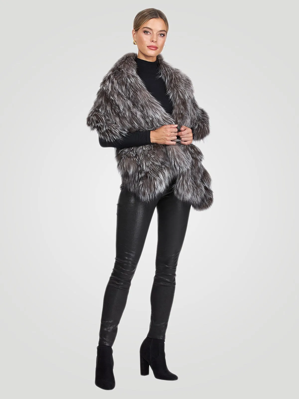 Knit Silver Fox Fur Ruffle Stole