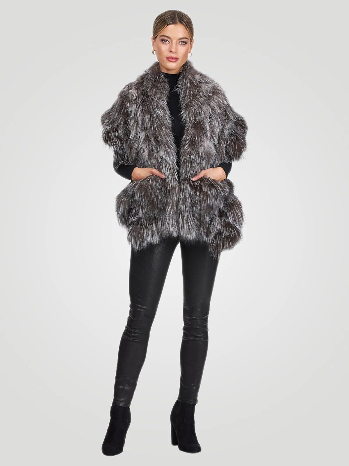 Knit Silver Fox Fur Ruffle Stole