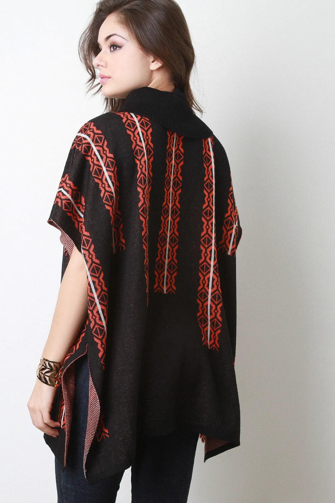 Knit Tribal Turtleneck Poncho Top