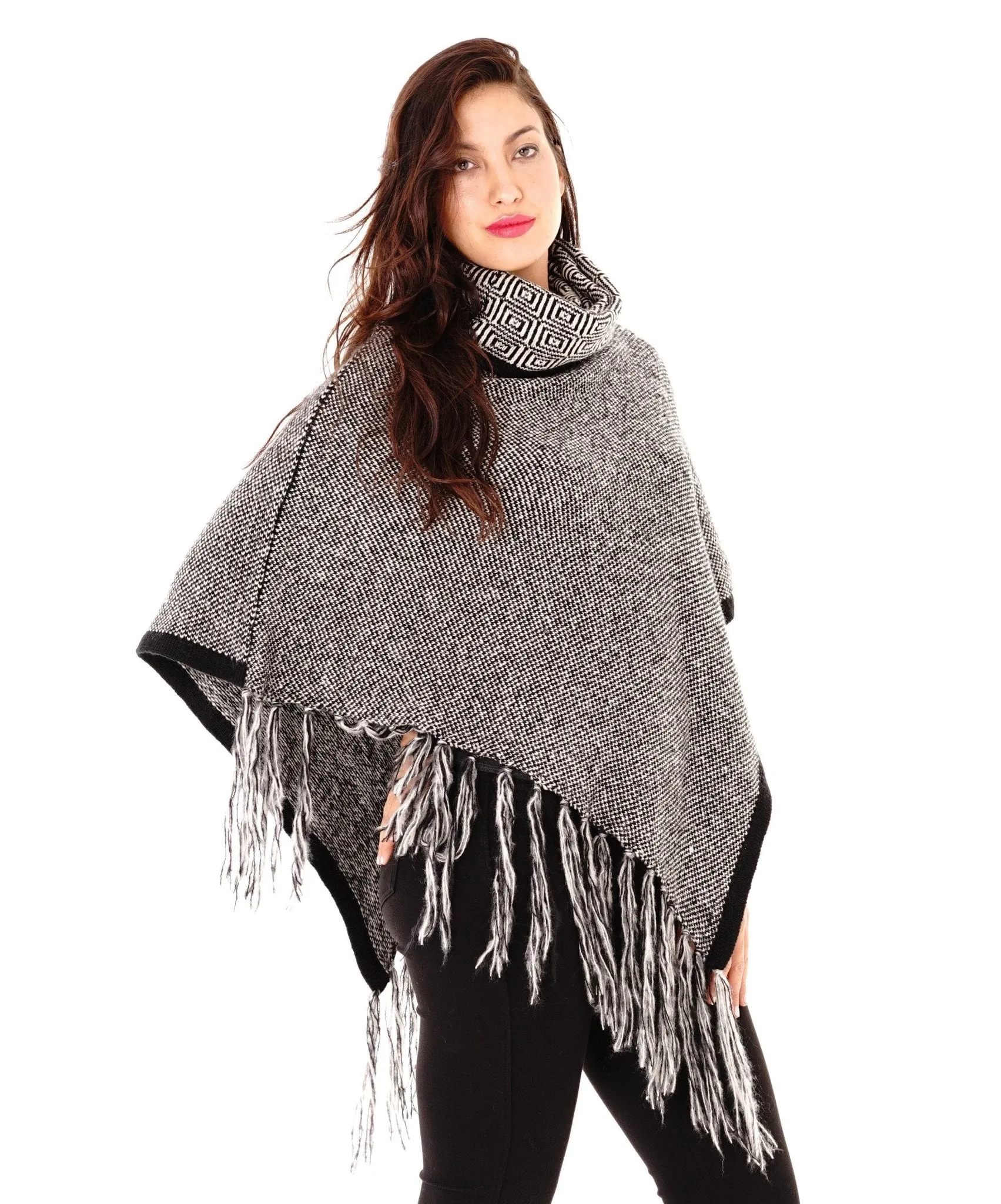 Knitted Turtleneck Poncho with Fringe