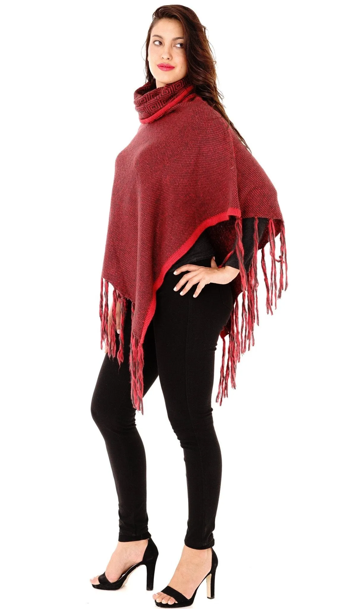 Knitted Turtleneck Poncho with Fringe