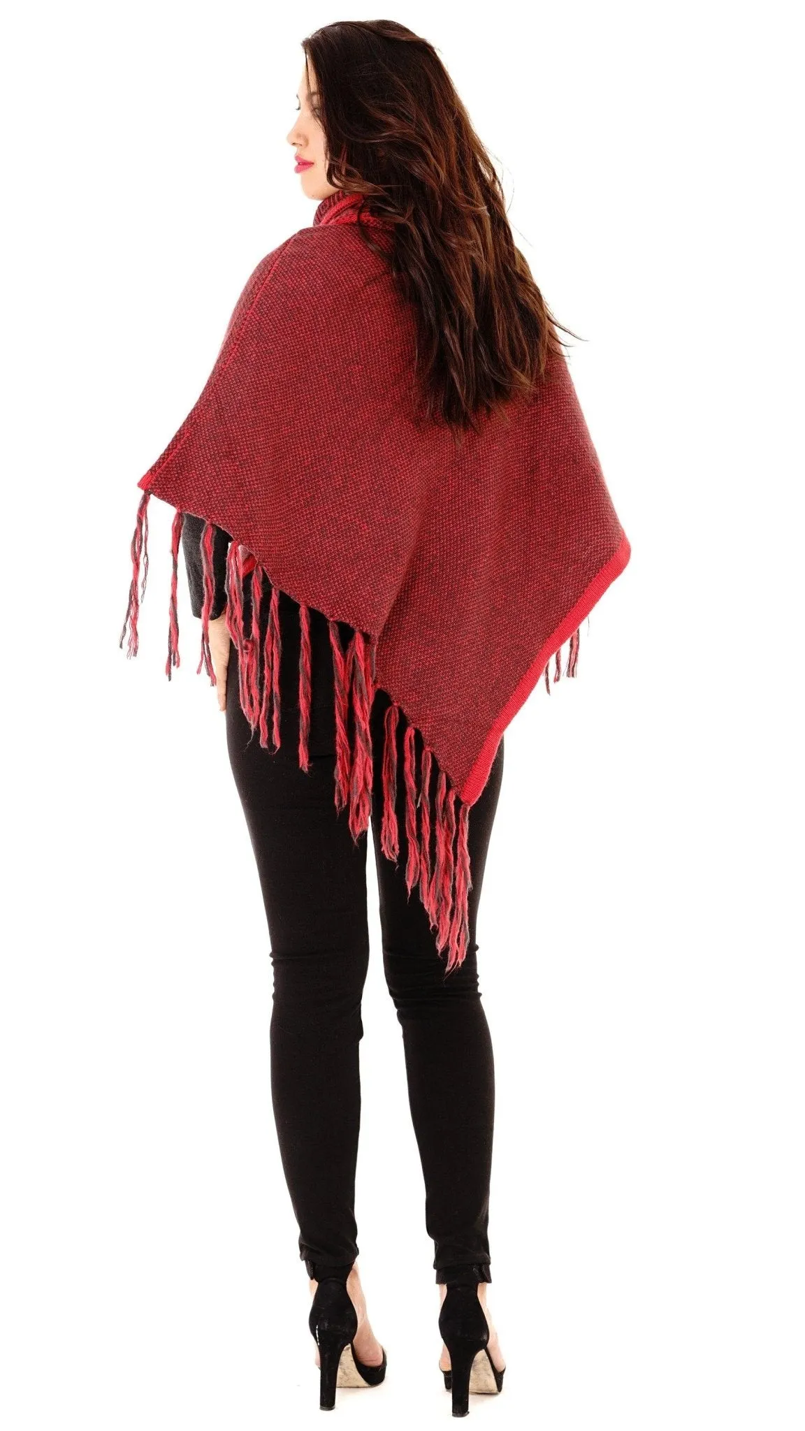 Knitted Turtleneck Poncho with Fringe