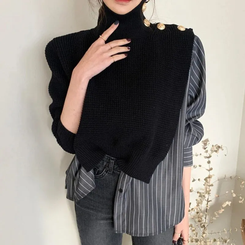 Korean Patchwork Print Striped Sweater For Women Turtleneck Long Sleeve Casual Sweaters Female Fashion Clothes