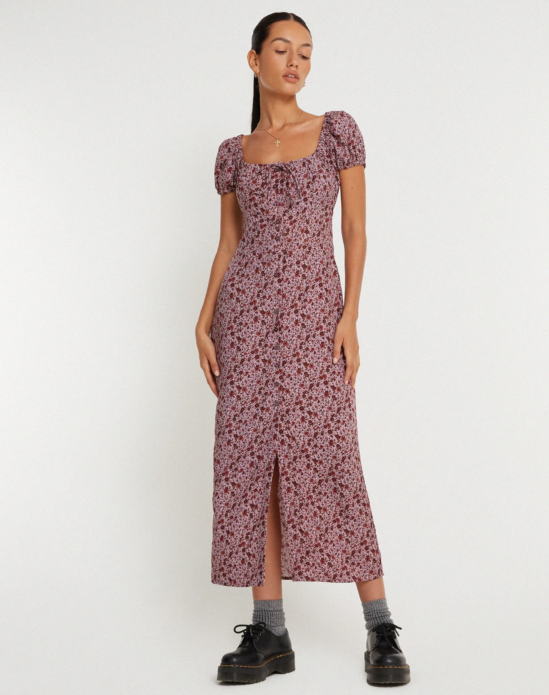 Larson Midi Dress in 90’s Floral Burgundy