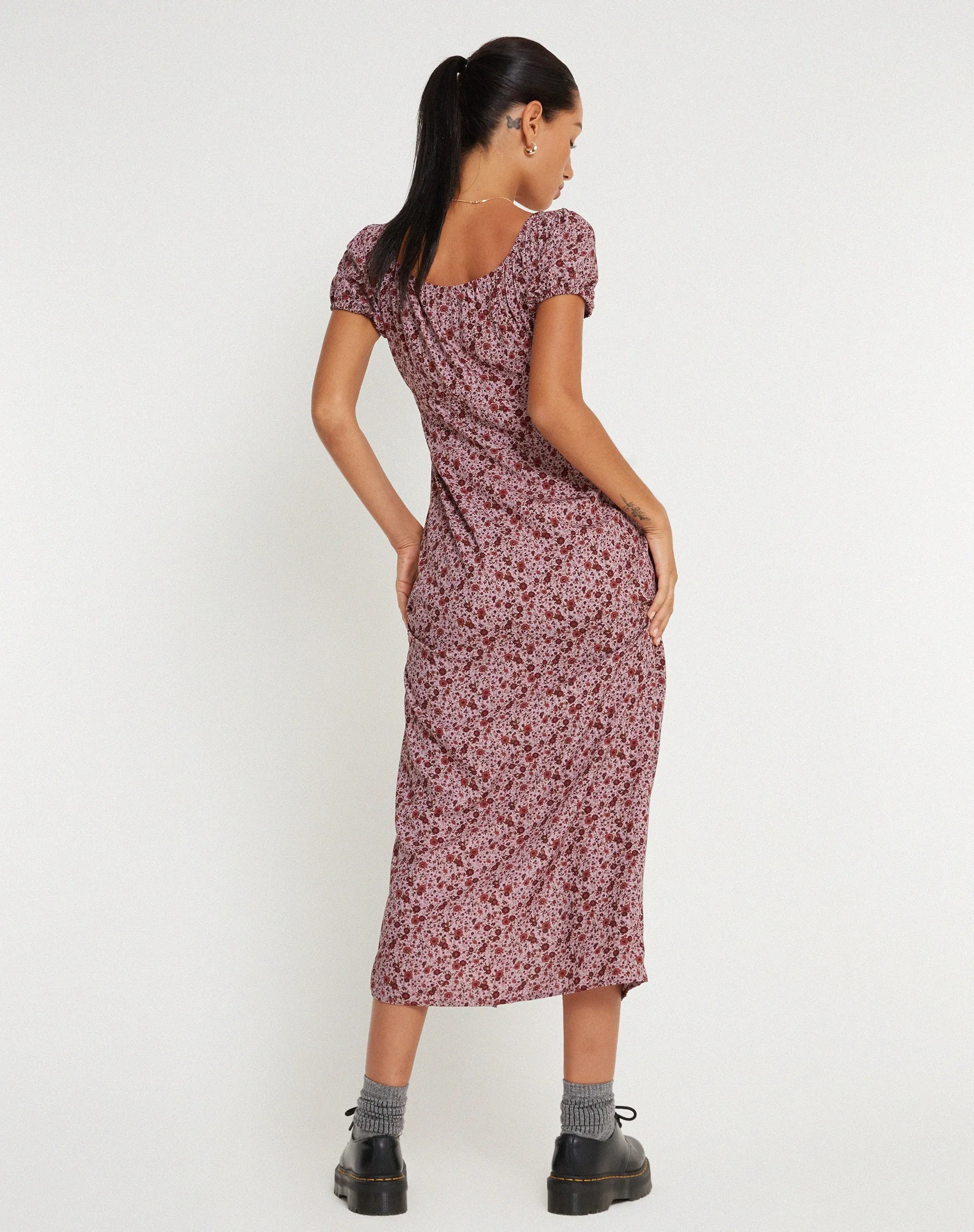 Larson Midi Dress in 90’s Floral Burgundy