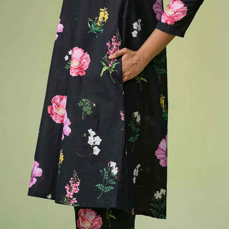 Linen Black Kurta Set For Women | Floral Printed