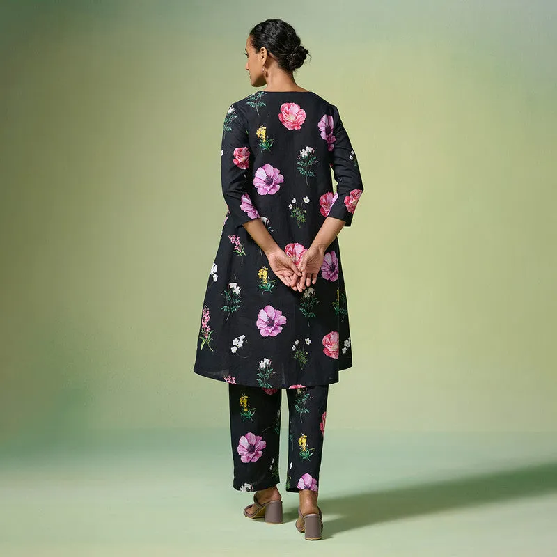 Linen Black Kurta Set For Women | Floral Printed