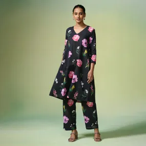 Linen Black Kurta Set For Women | Floral Printed