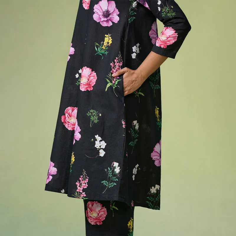 Linen Black Kurta Set For Women | Floral Printed