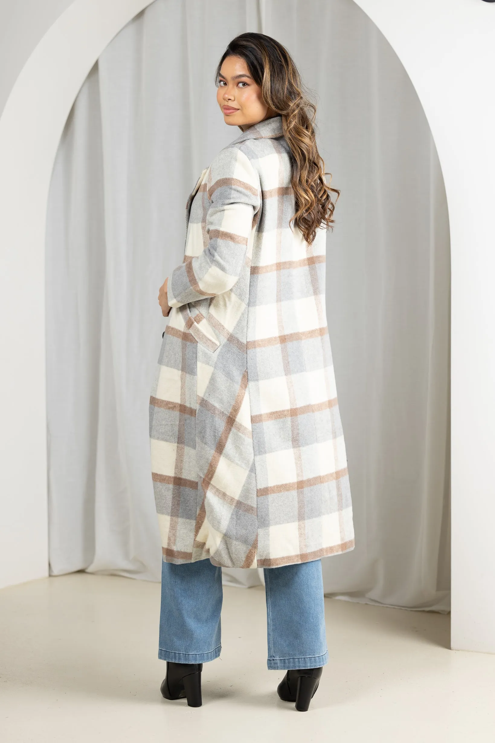 Long Checkered Fleece Coat