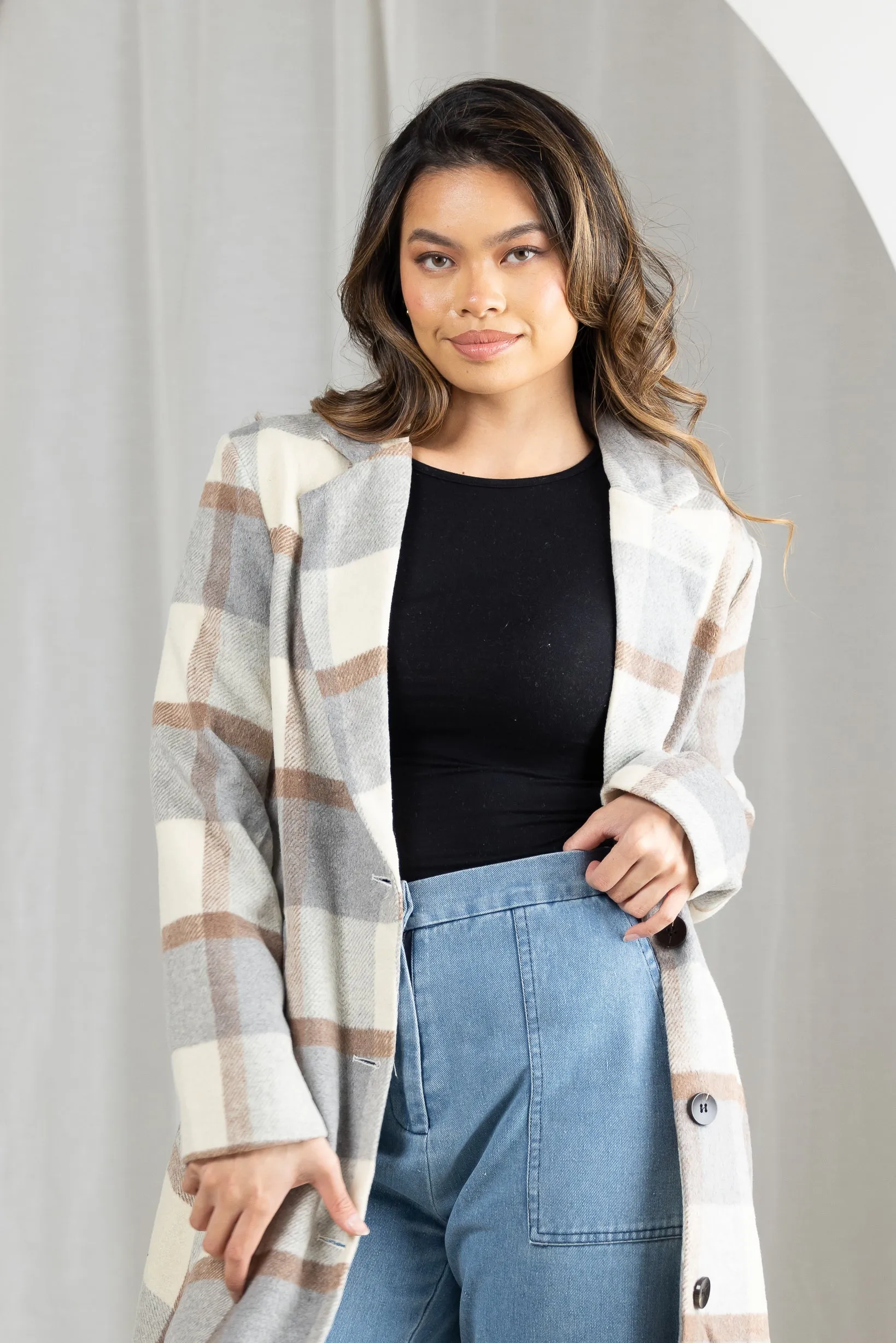 Long Checkered Fleece Coat