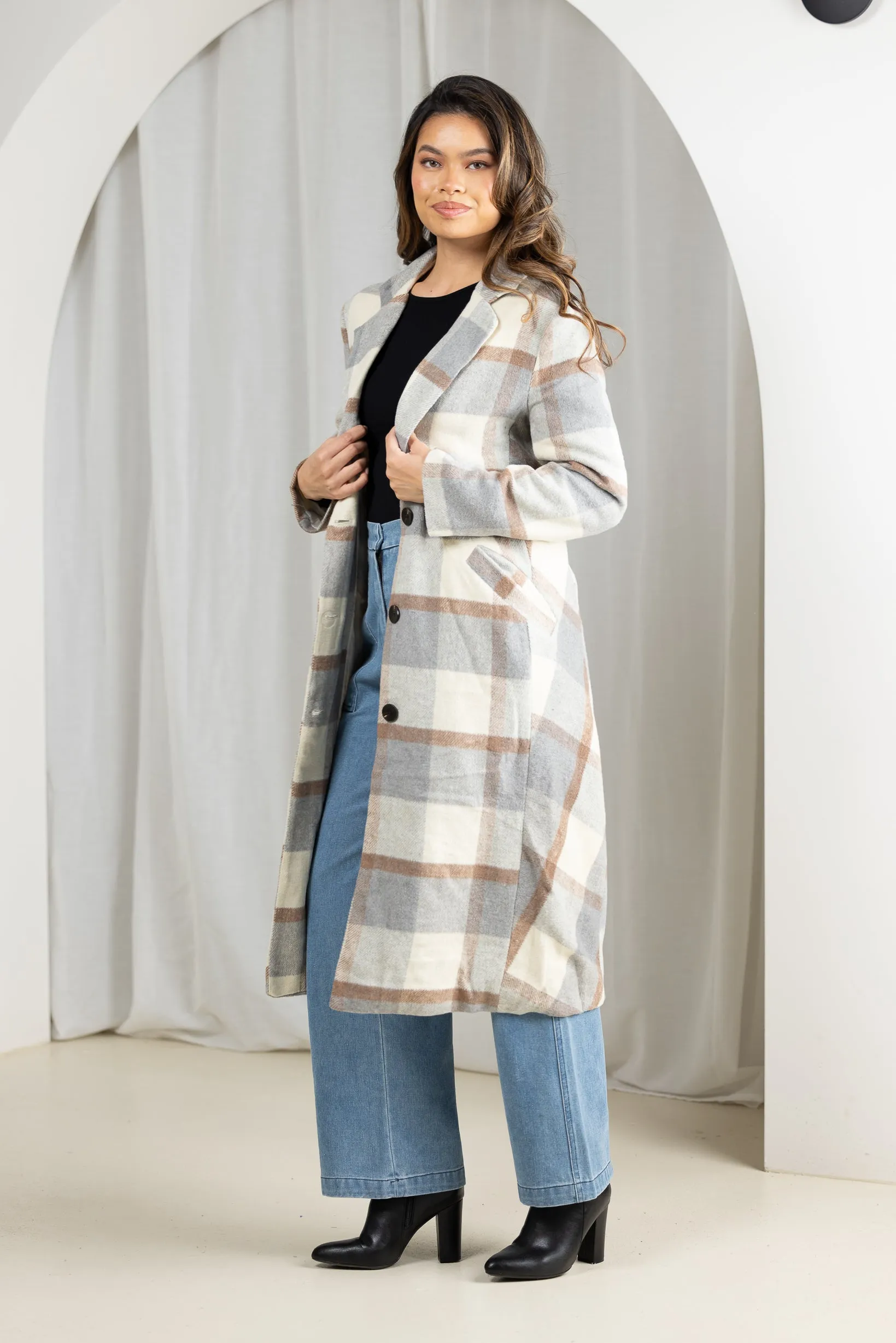 Long Checkered Fleece Coat