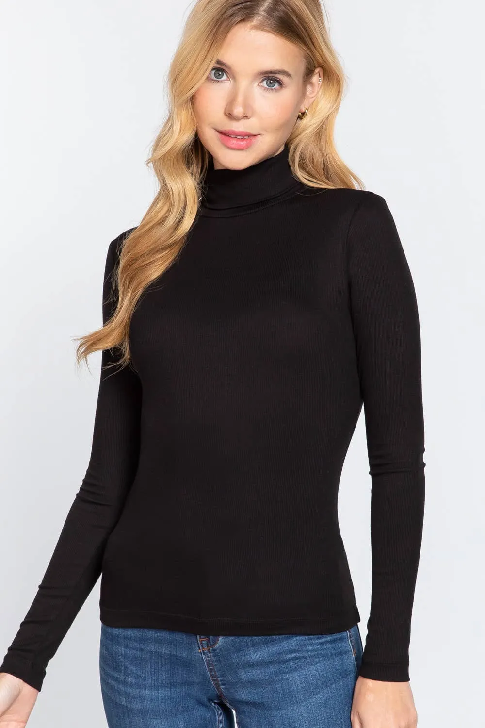 Long Sleeve Turtle Neck Rayon Span Rib Top - black