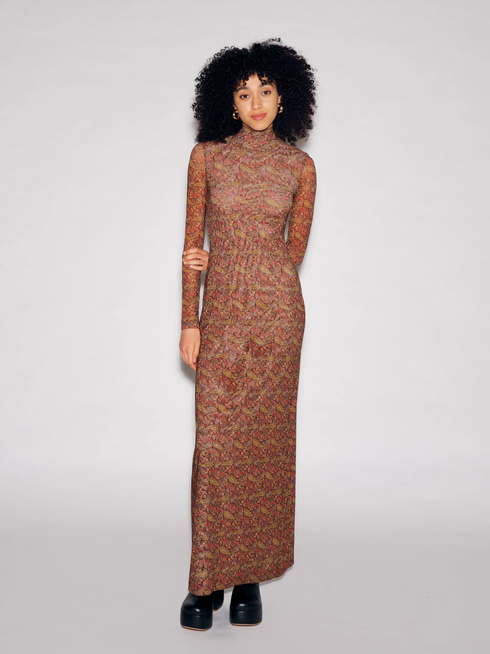 LONG SLEEVE TURTLENECK DRESS - PAISLEY MESH