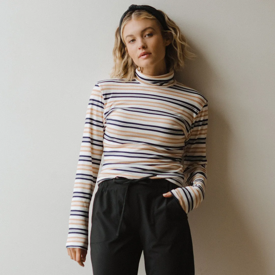 Long Sleeve Turtleneck, Navy and Tan Stripe