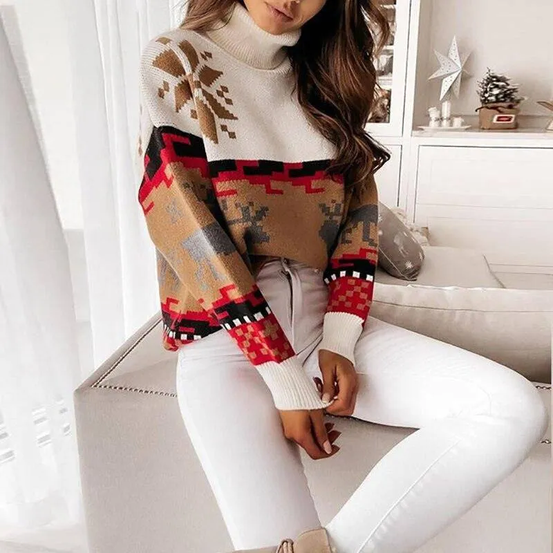 Lucy Turtleneck Long Sleeve Elk Snowflake Print Sweater