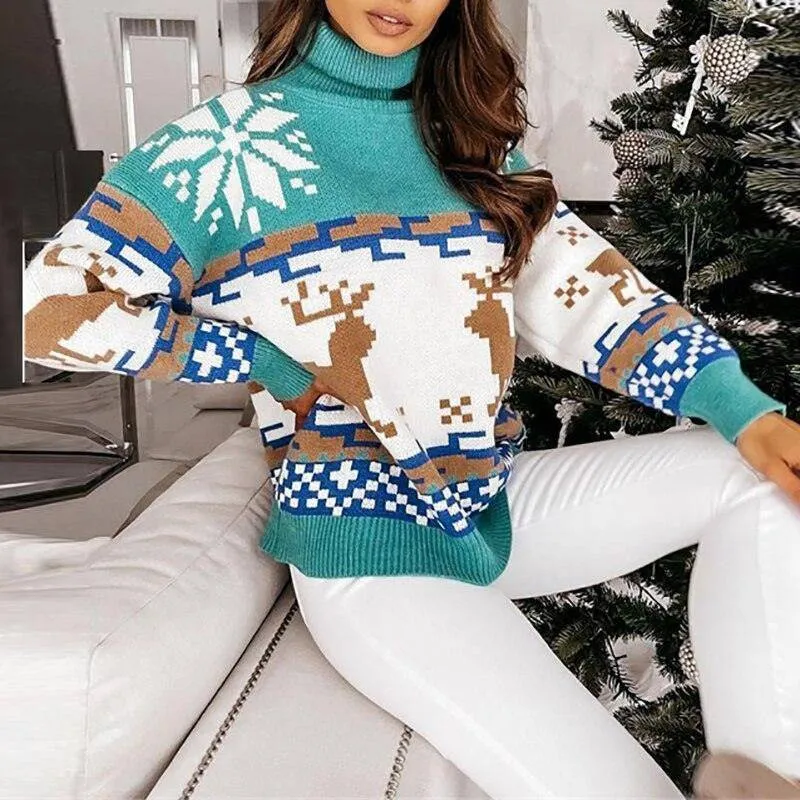 Lucy Turtleneck Long Sleeve Elk Snowflake Print Sweater