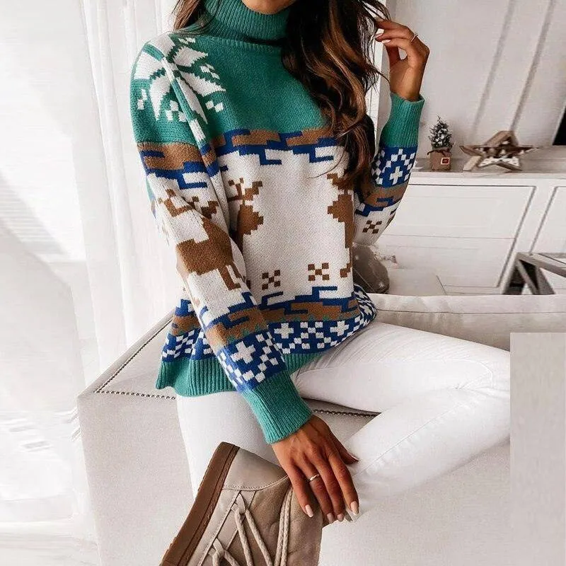 Lucy Turtleneck Long Sleeve Elk Snowflake Print Sweater