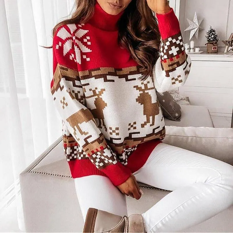 Lucy Turtleneck Long Sleeve Elk Snowflake Print Sweater