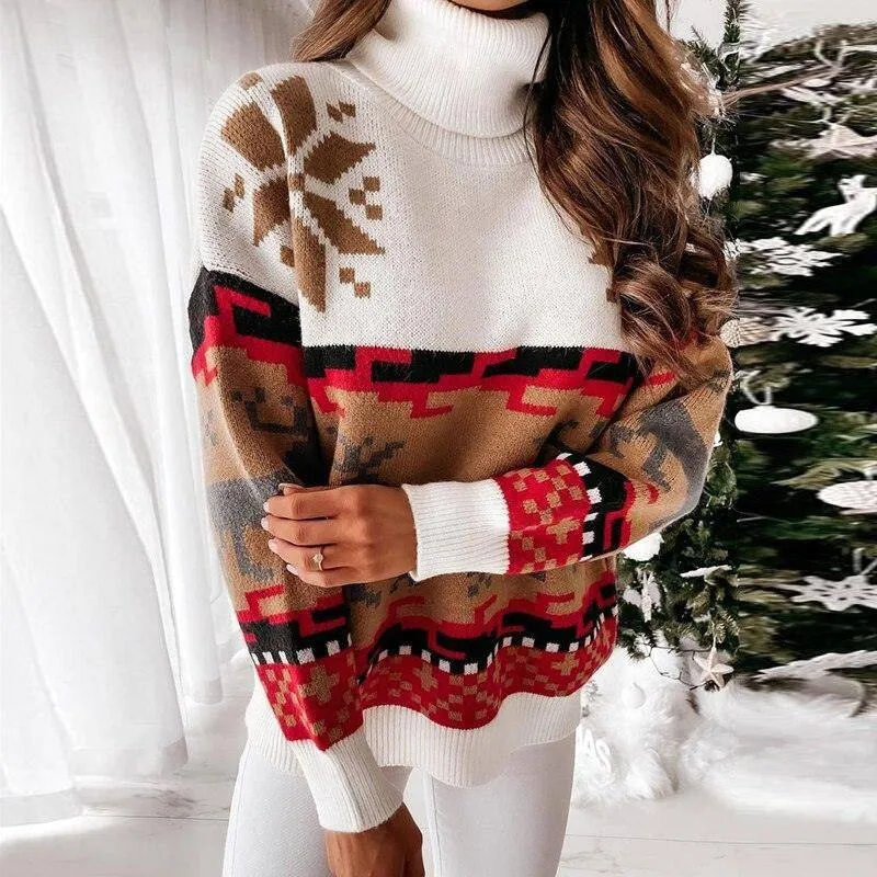 Lucy Turtleneck Long Sleeve Elk Snowflake Print Sweater