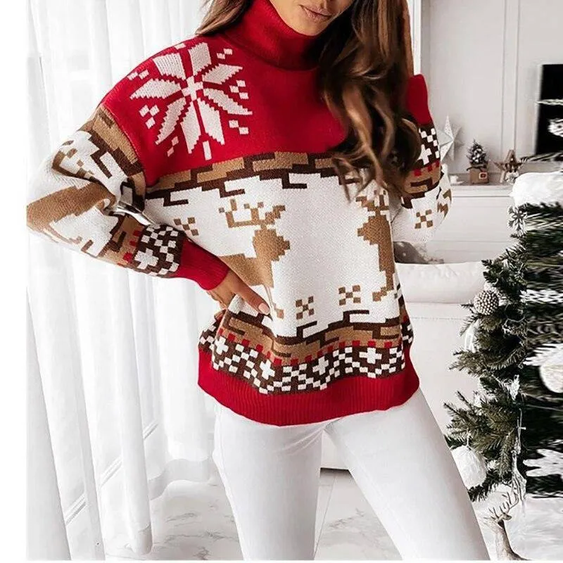 Lucy Turtleneck Long Sleeve Elk Snowflake Print Sweater