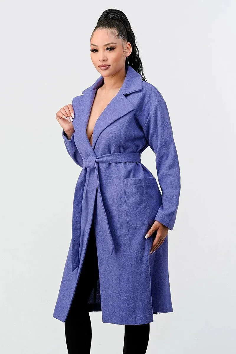 Luxe Wool Waist Tie Side Pockets Midi Length Coat