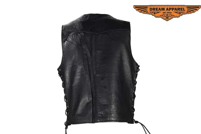 Mens Leather Vest With Gun Pocket & 12 Pockets