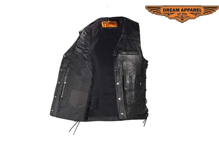 Mens Leather Vest With Gun Pocket & 12 Pockets