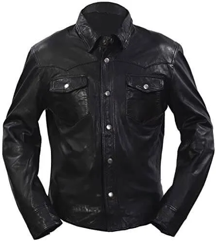 Mens Retro Denim Style Casual Black Leather Shirt