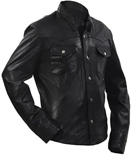 Mens Retro Denim Style Casual Black Leather Shirt