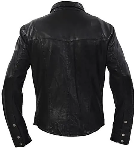 Mens Retro Denim Style Casual Black Leather Shirt