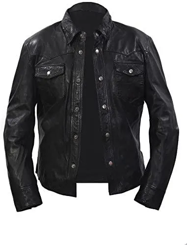 Mens Retro Denim Style Casual Black Leather Shirt