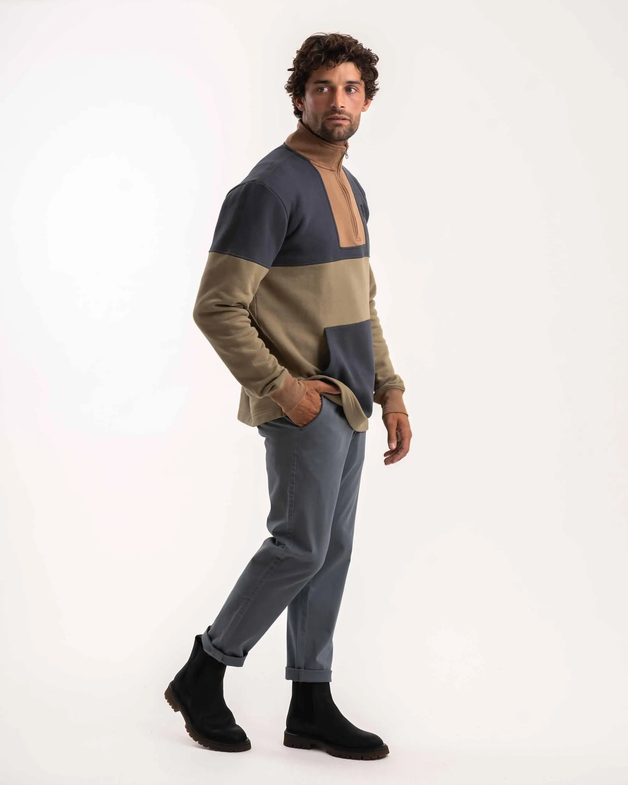 Mens Turtle Neck 1/4 Zip Sweater - Olive & Charcoal Colourblock