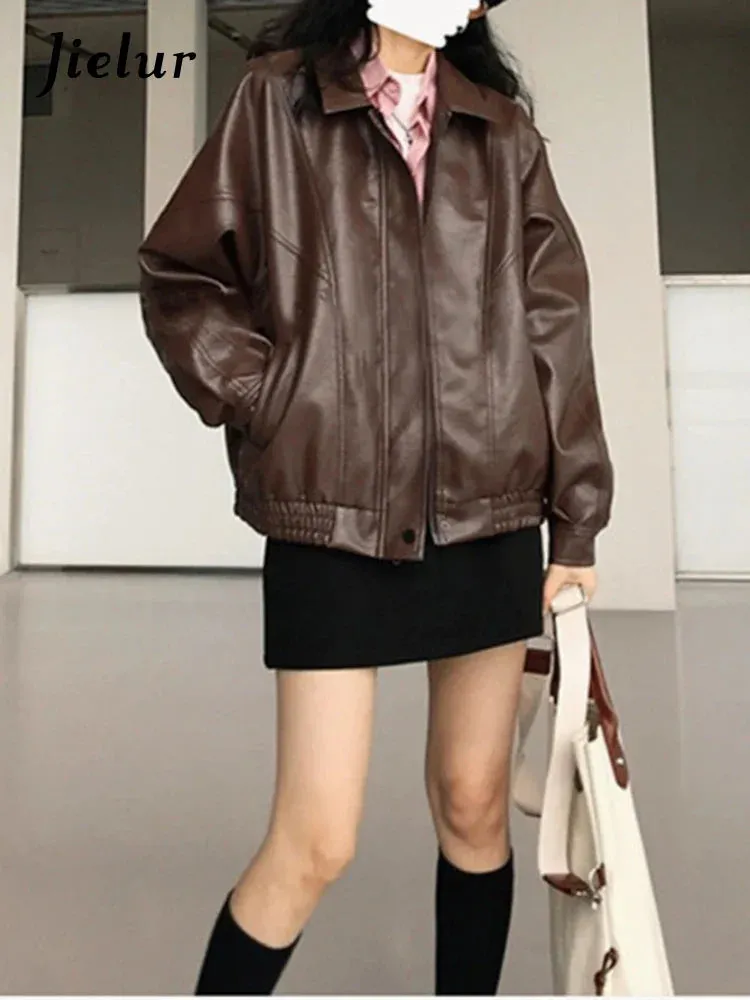 Metaversmall Autumn Pu Leather Jacket Women Spring Vintage Brown Motorcycle Coat Female Korean Loose Street Outerwear