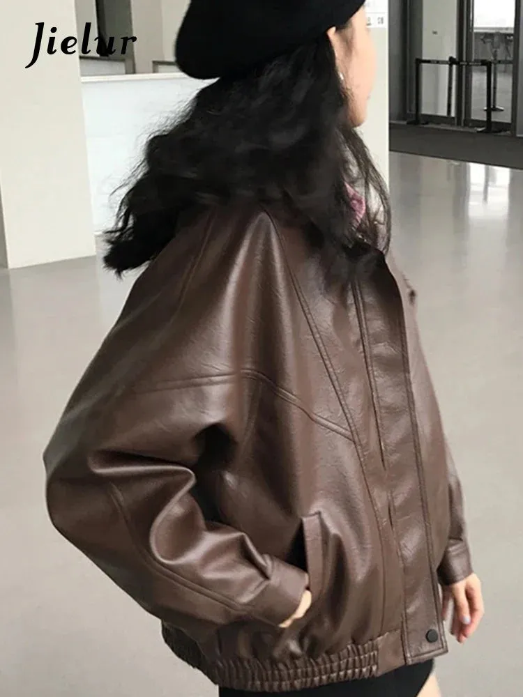 Metaversmall Autumn Pu Leather Jacket Women Spring Vintage Brown Motorcycle Coat Female Korean Loose Street Outerwear