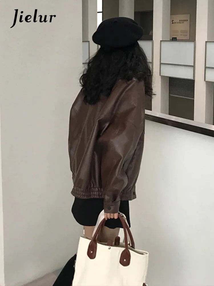 Metaversmall Autumn Pu Leather Jacket Women Spring Vintage Brown Motorcycle Coat Female Korean Loose Street Outerwear