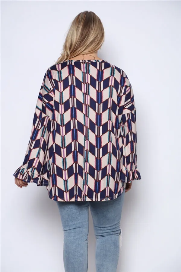 Navy Blue Geometric Plus Size Tunic Top