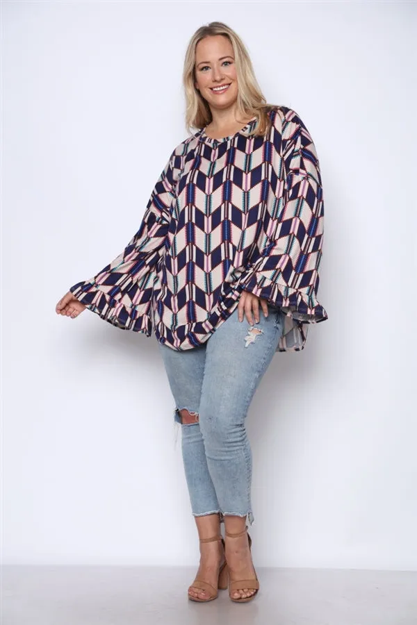 Navy Blue Geometric Plus Size Tunic Top