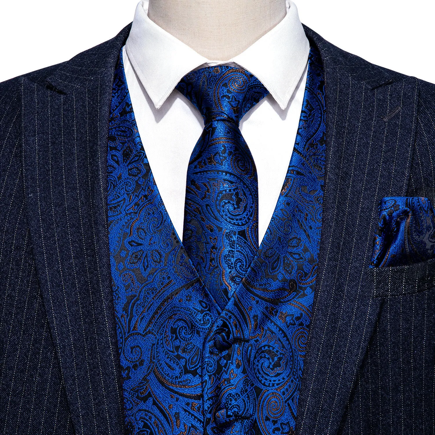 Navy Blue Paisley Men's Vest Tie Hanky Cufflinks Set Waistcoat Suit Set