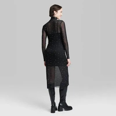 New - Women's Long Sleeve Rhinestone Mesh Midi Dress - Wild Fable Black XXS