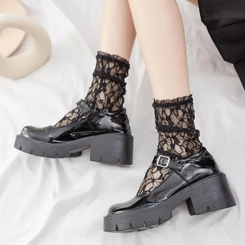 One Pair of Nylon Mesh Socks With Lace | Lolita & Gothic Socks