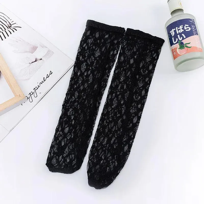 One Pair of Nylon Mesh Socks With Lace | Lolita & Gothic Socks