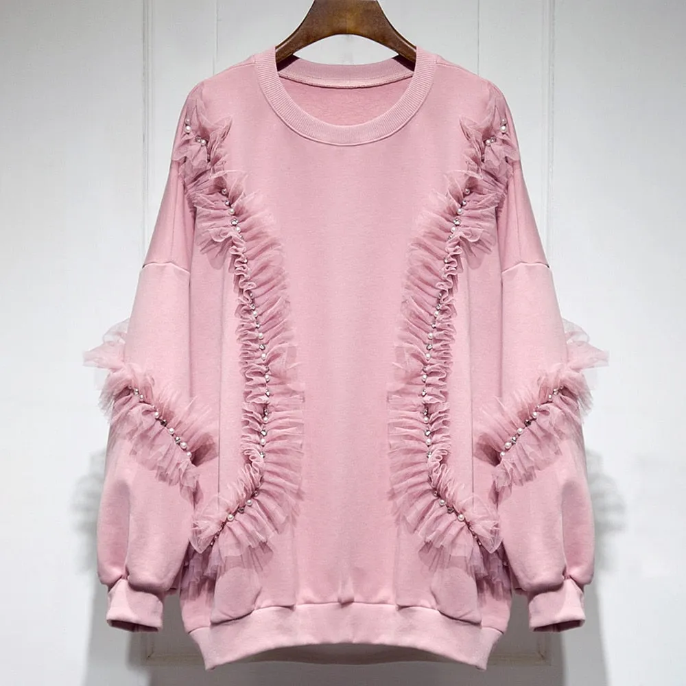 Patchwork Lace Solid Sweatshirts For Women O Neck Long Sleeves Pullover Loose Sweatshirt Female Fashion Clothing