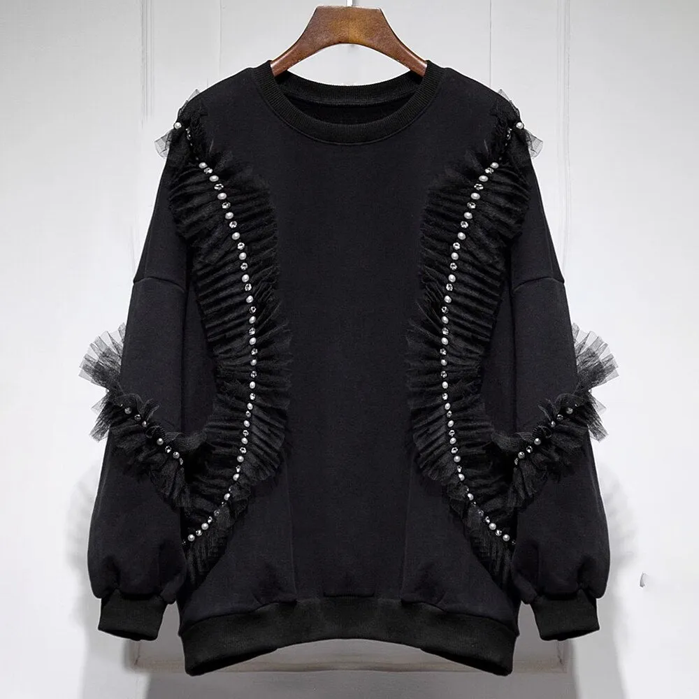 Patchwork Lace Solid Sweatshirts For Women O Neck Long Sleeves Pullover Loose Sweatshirt Female Fashion Clothing