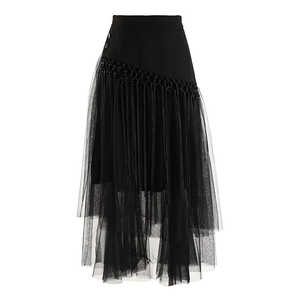 Patchwork Tassels Mesh A-Line Skirt