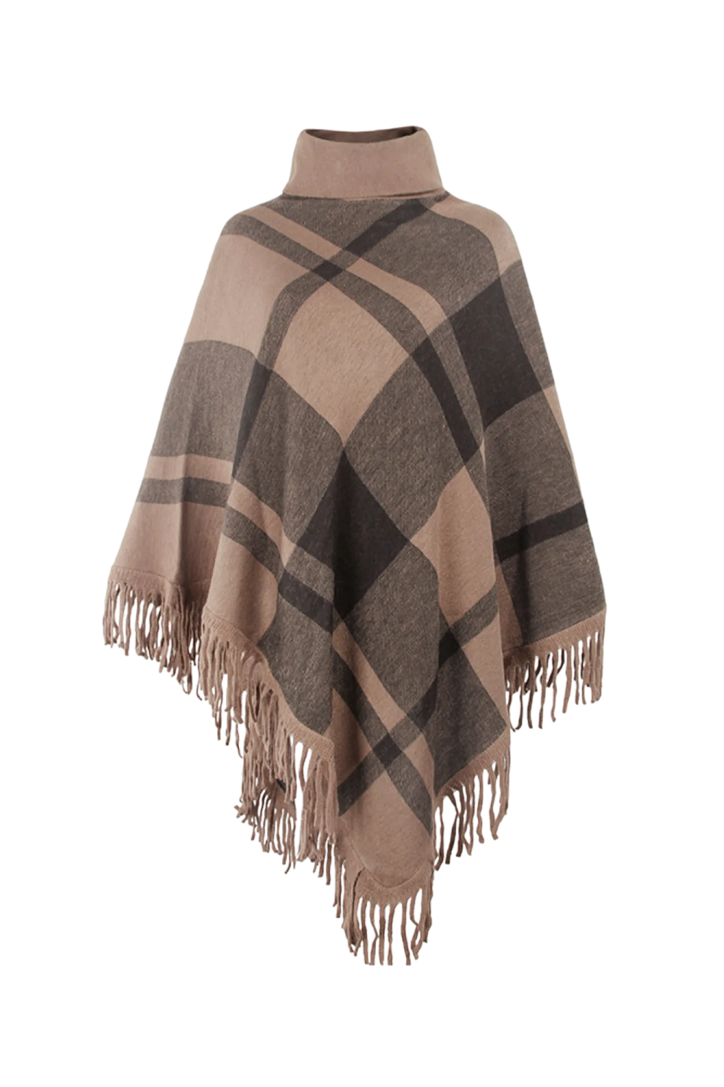 Plaid Turtleneck Fringe Hem Poncho